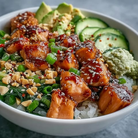 Savory Avocado Salmon Bowl topped with zesty wasabi, umami tamari sauce, crunchy peanuts, and fresh cucumber, served with lime wedges on a dark plate.