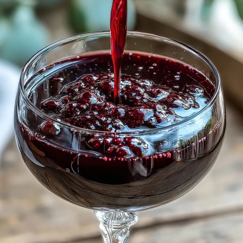 Dark purple Crème de Cassis liqueur being poured from a glass bottle into a vintage cocktail glass.