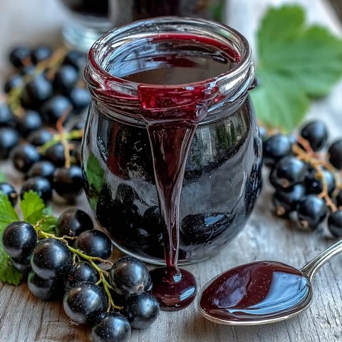 A jar of homemade Black Currant Shrub with deep burgundy liquid, fresh berries, and a spoon nearby.