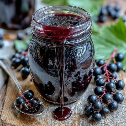 Black Currant Shrub served over ice in a sparkling glass, garnished with fresh berries and a mint sprig.