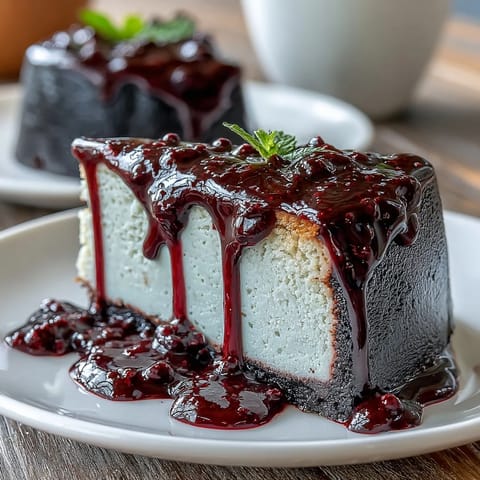 Glossy homemade Black Currant Sauce drizzled over creamy cheesecake slices, featuring vibrant purple berries.