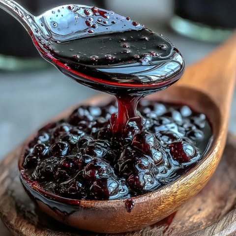 A glass bottle of homemade Black Currant Syrup sits beside fresh berries and a lemon wedge. Deep purple syrup pours smoothly over a stack of fluffy pancakes, highlighting its vibrant, glossy texture.