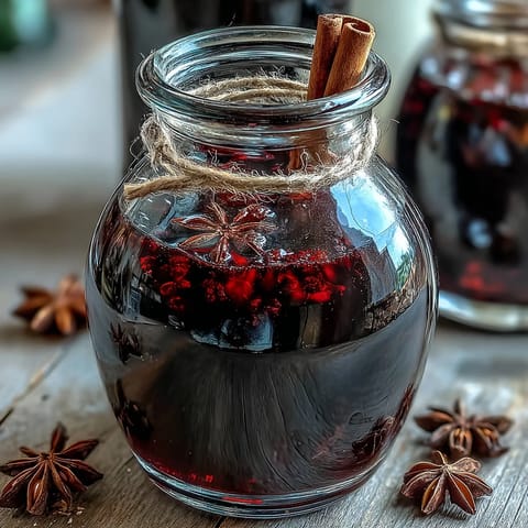 Homemade Spiced Blackcurrant Vodka Liqueur in a glass bottle, garnished with fresh berries.