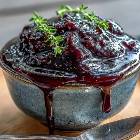A spoon lifts glossy Black Currant Glaze from a small saucepan, highlighting its rich purple hue and aromatic thyme.
