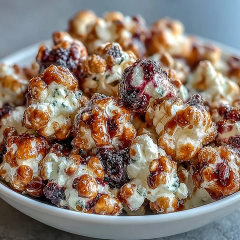 Close-up of golden Black Currant Cheesecake Kettle Corn glistening with sweet and tangy powder.