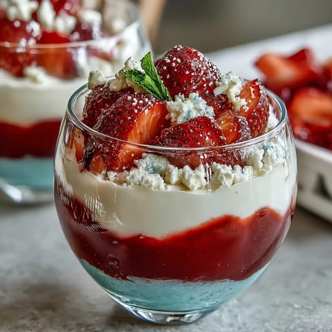 Festive Red, White, and Blue Jello Cups with creamy white layers and bright red and blue stripes, ready to chill.