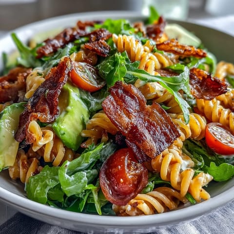 Creamy BLT Pasta Salad with Bacon and Avocado, loaded with crisp romaine, juicy cherry tomatoes, and tender pasta in a tangy dressing.