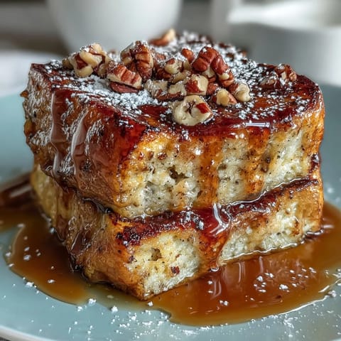 Fluffy pancake casserole with golden edges, drizzled with warm maple syrup and topped with chopped pecans for crunch.