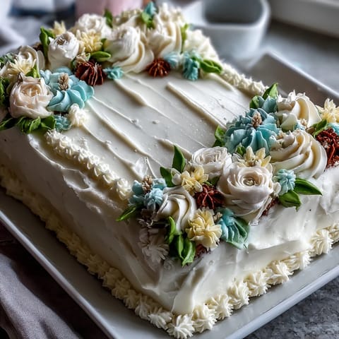 Simple First Communion Sheet Cake with Buttercream Flowers: a tender vanilla sheet cake topped with smooth buttercream and delicate piped floral decorations.  