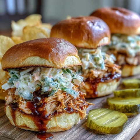 4th of July BBQ Chicken Sliders with Coleslaw: juicy pulled chicken in smoky BBQ sauce, topped with crisp, tangy coleslaw on soft toasted buns.