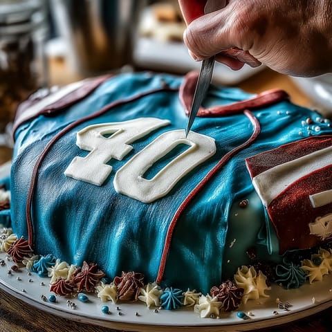 Graduation Sports Jersey Cake decorated with fondant in vibrant team colors, featuring a personalized number and name for a festive celebration.
