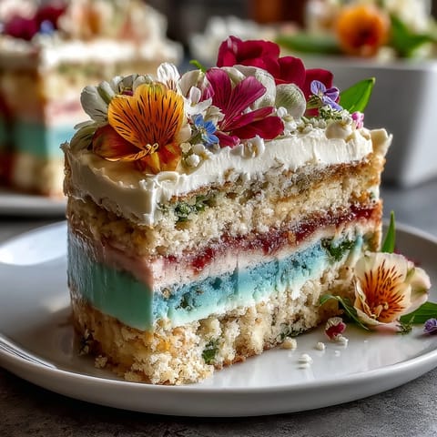 Delicate ombre pastel spring cake with soft pink, yellow, and green layers, crowned with a vibrant edible floral topper.