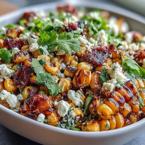 Vibrant Mexican street corn salad with charred corn, creamy dressing, and Cotija cheese in a colorful bowl.  