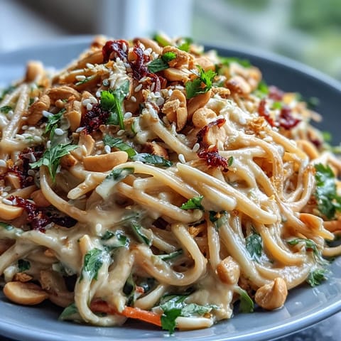 Vibrant Thai Peanut Noodle Salad with colorful crisp vegetables and crunchy peanuts.
