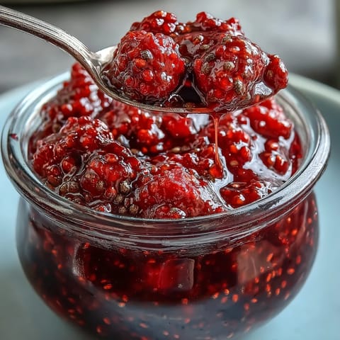 Vibrant raspberry lemon chia jam, glistening and perfect for toast.