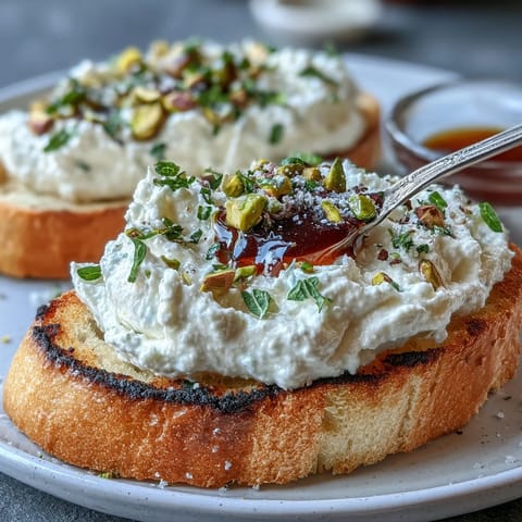 Whipped ricotta bruschetta boasts creamy goodness on toasted bread, topped with honey and pistachios.