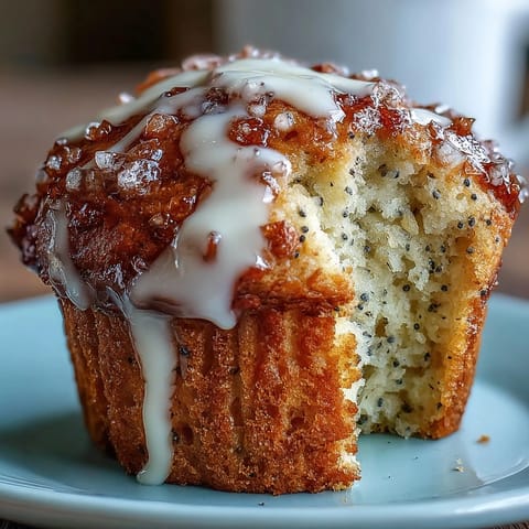 Golden lemon poppy seed muffins glistening with sweet lemon glaze.
