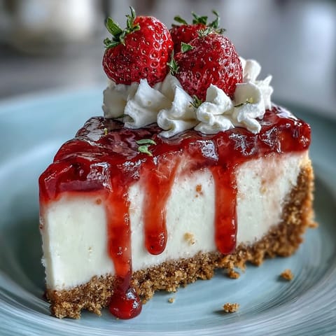 Creamy, luscious No-Bake Strawberry Cheesecake with vibrant topping.