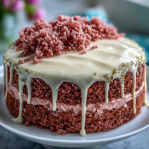 Blush pink Rosé Velvet Cake, beautifully frosted with a shimmering gold cascade.