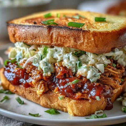 Tangy vegan BBQ pulled jackfruit sandwiches piled high with coleslaw goodness.