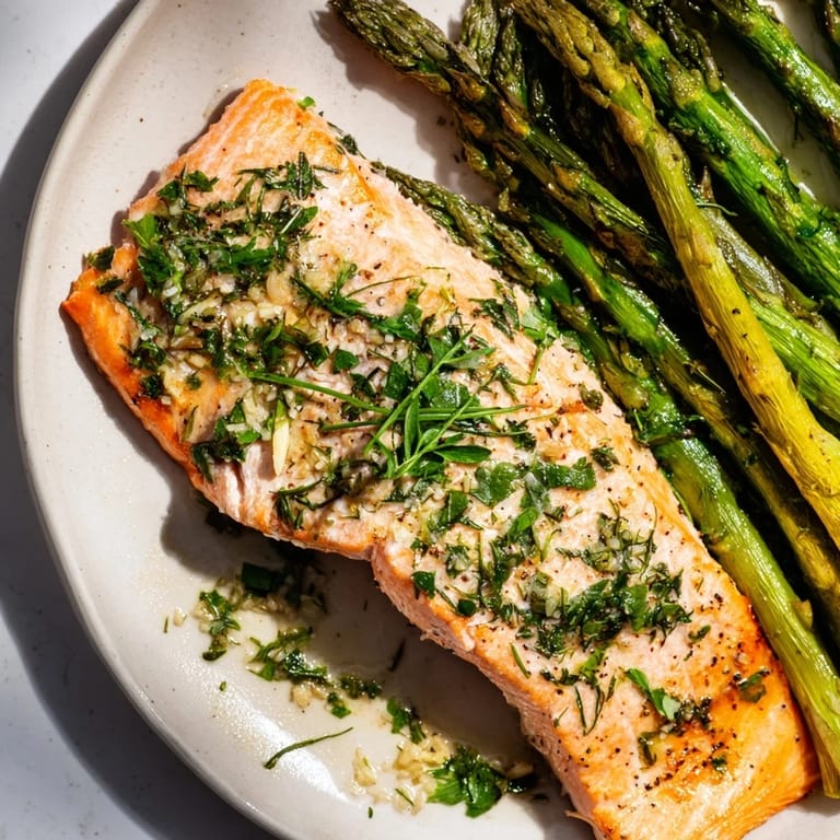 Flaky, oven-baked herb-crusted salmon alongside roasted asparagus, perfect for serving with lemon wedges.