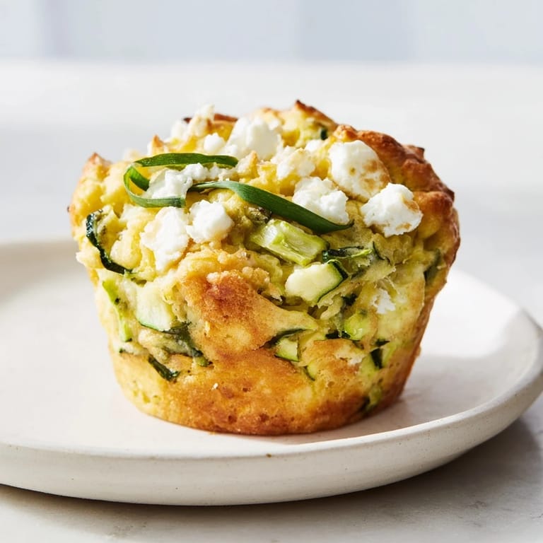 Close-up of a rustic, freshly baked Savory Zucchini and Feta Muffin, capturing its savory aroma.
