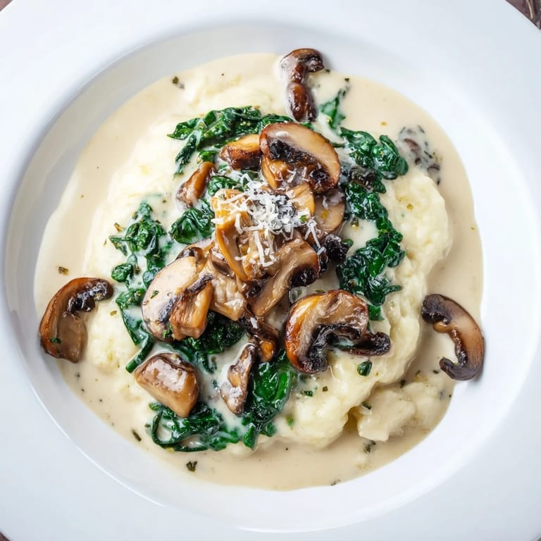 A close-up of creamy One-Dish Mushroom and Spinach Gnocchi, ready and garnished on a plate with fresh flavors.