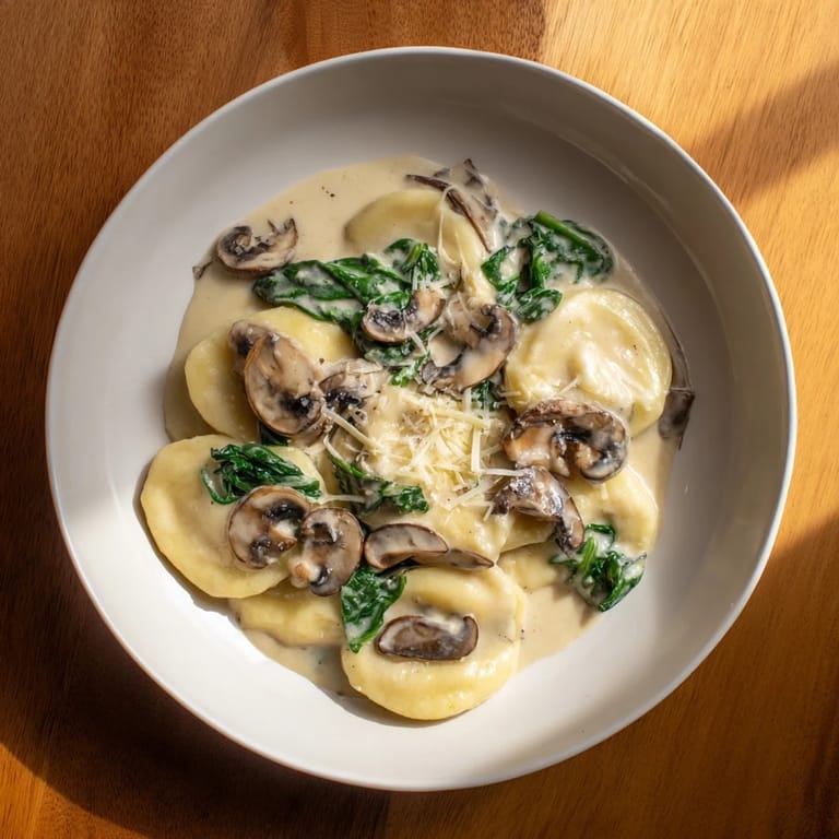 Savory One-Dish Creamy Mushroom and Spinach Gnocchi, steaming hot with visible mushrooms and fresh spinach.
