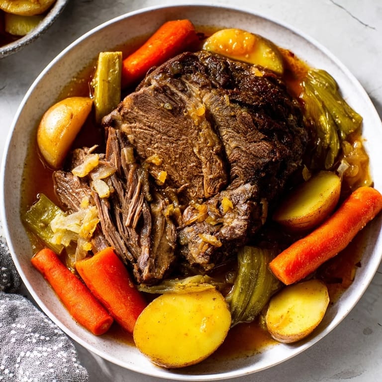 A close-up of a steaming, delicious slow-roasted beef pot roast with root vegetables.