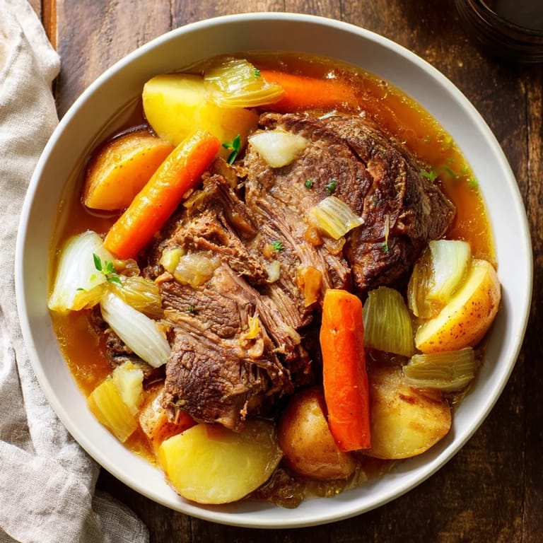 Fork-tender slices of slow-roasted beef pot roast, surrounded by vibrant cooked vegetables.