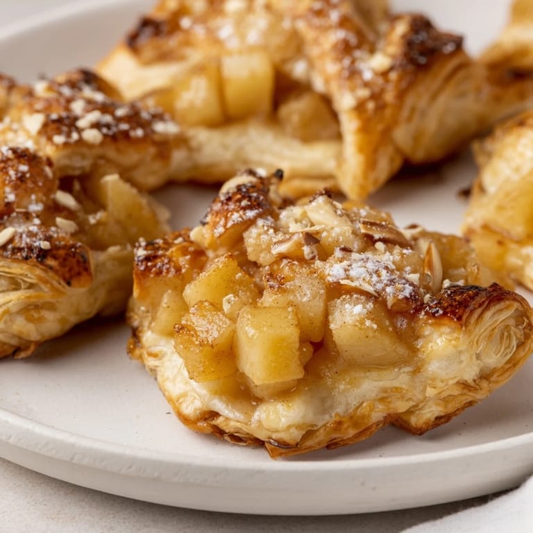 A close-up of buttery, homemade golden apple turnover pastries, showcasing sweet apple filling inside.