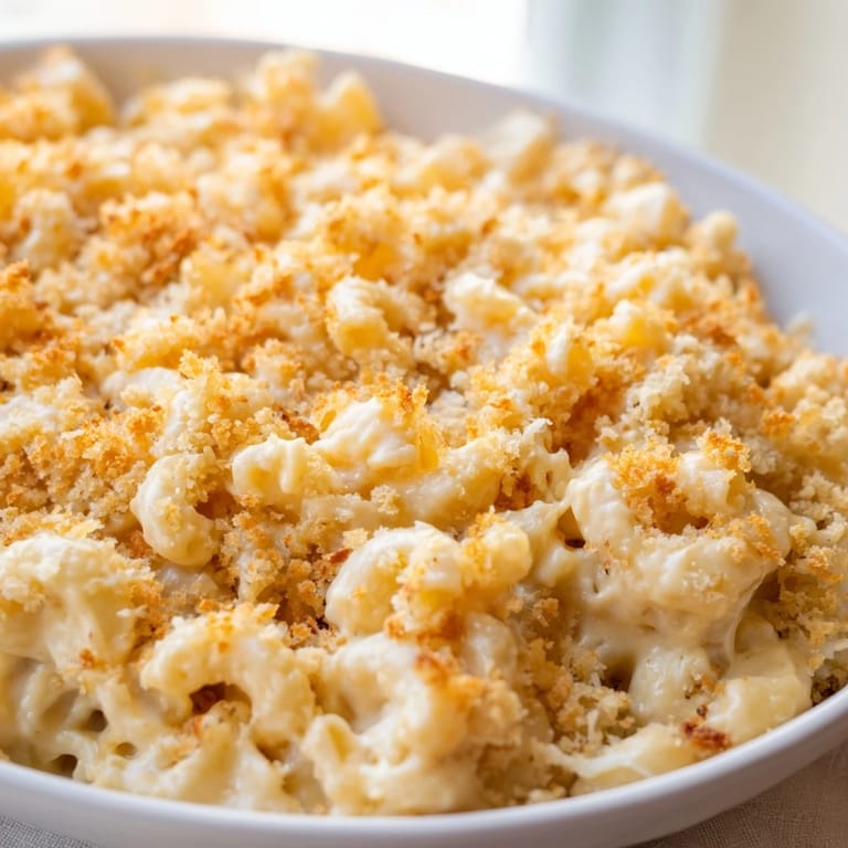 A close-up shot of creamy Classic Oven-Baked Macaroni and Cheese with a crunchy topping ready to eat.