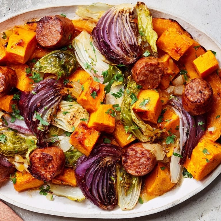 This sheet pan of Hearty Sheet Pan Sausage and Autumn Veggie Medley boasts a delicious, flavorful fall harvest.