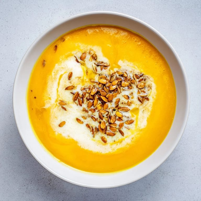 Golden, smooth creamy roasted pumpkin soup being ladled, ready to eat soon.