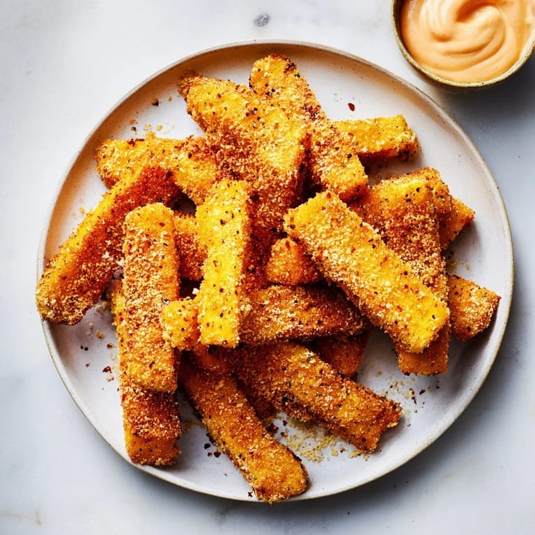 Close-up of freshly baked Parmesan zucchini fries; the perfect crunchy appetizer or snack.