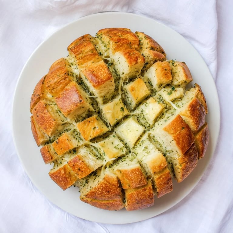 A close-up of cheesy garlic pull-apart bread, showing melty cheese pulling from warm bread.