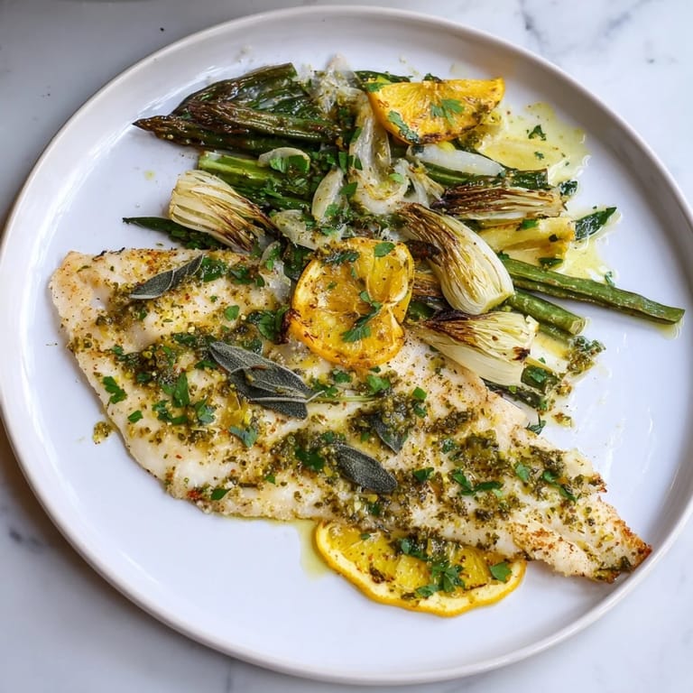 A close-up view of flaky Sheet Pan Lemon Herb Tilapia fillets with fragrant herbs and roasted vegetables.