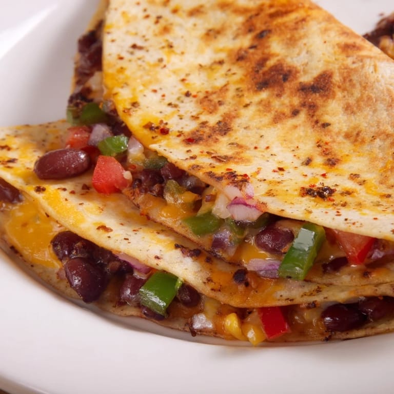 A sizzling plate of Black Bean Quesadilla, halved to reveal melted cheese and flavorful filling.