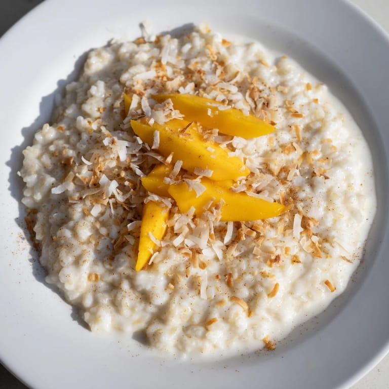 A close-up shot of rich and delicious Toasted Coconut Rice Pudding, ready to be enjoyed.