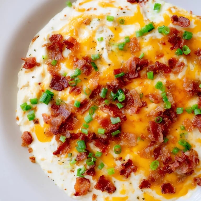 Golden-brown baked Cheesy Bacon Ranch Dip with crispy bacon topping, served with tortilla chips for dipping.
