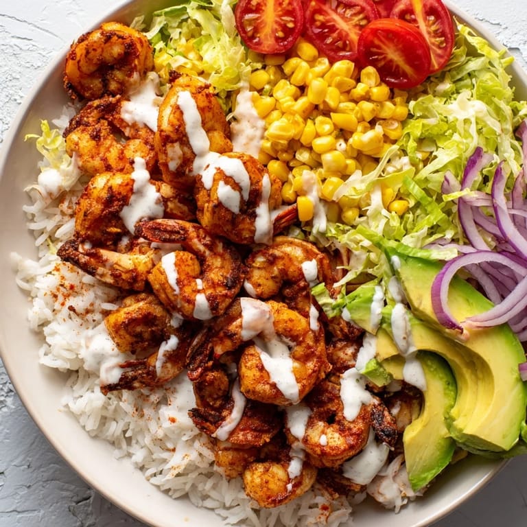 Freshly cooked Cajun Shrimp Taco Bowls with colorful vegetables and creamy avocado, ready to eat.