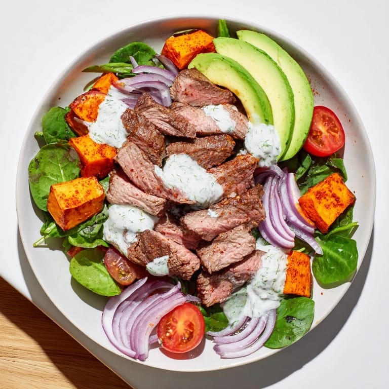 Enjoy this delicious Beef Avocado Sweet Potato Bowl: savory beef, roasted sweet potatoes, and a zesty yogurt dressing.
