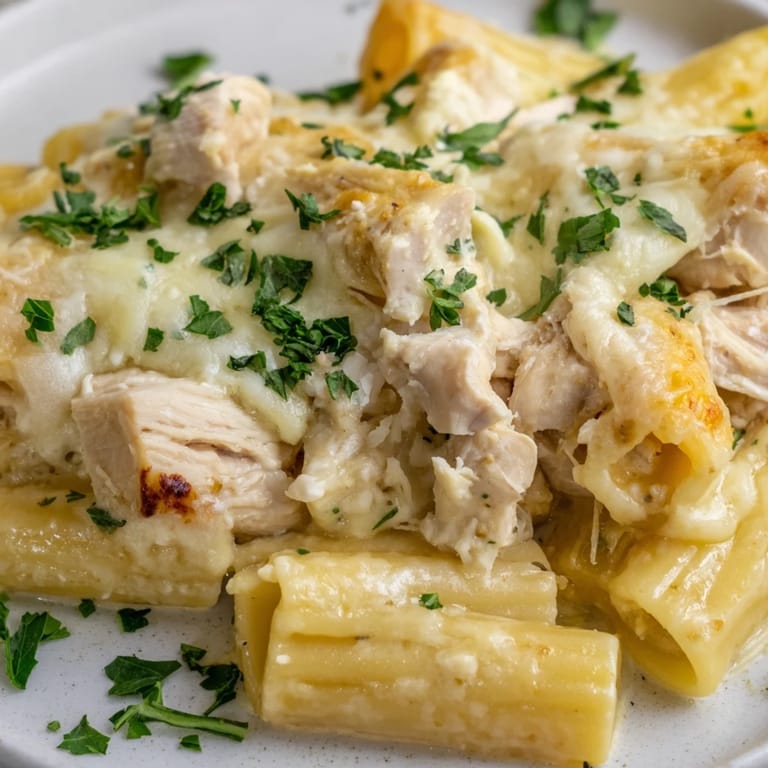 A close-up of a steaming Chicken Alfredo Bake, showing al dente pasta and a rich, cheesy sauce.