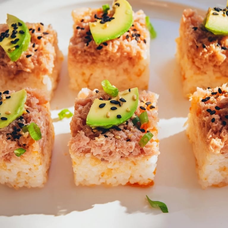 Close-up of a flavorful spicy tuna crispy rice appetizer with glistening, fresh ingredients.