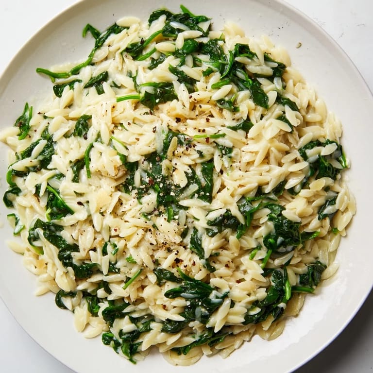 A close-up of Creamy Spinach Orzo, showcasing the creamy sauce and tender orzo pasta.