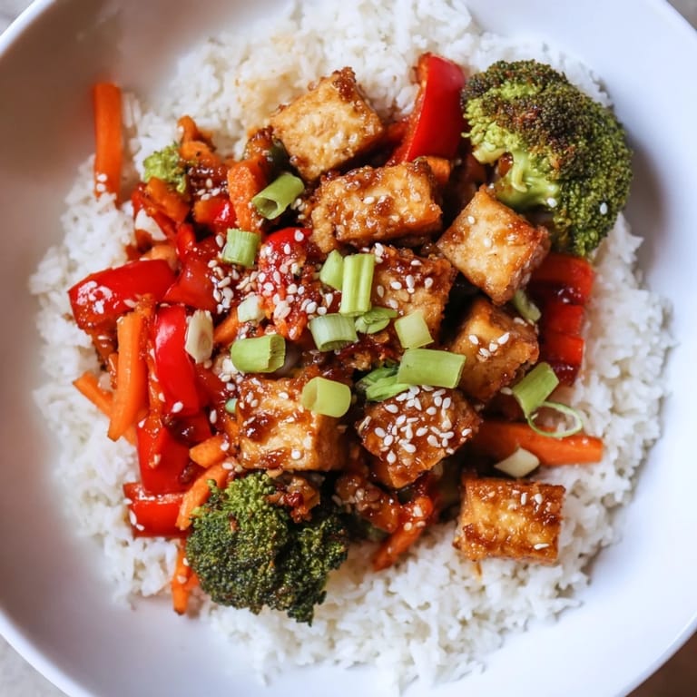 This close-up showcases flavorful Honey Garlic Tofu Bowls; imagine tender tofu alongside colorful, cooked vegetables.