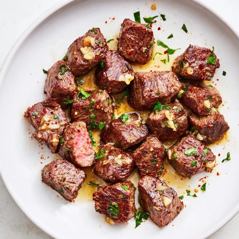 Tender, juicy garlic butter steak bites, served immediately with flavorful pan sauce, ideal for any meal.