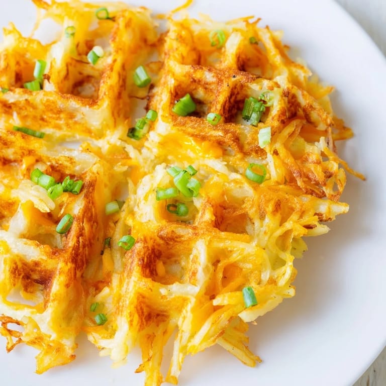 A close-up of savory Cheesy Hash Brown Waffles, showing perfectly browned edges and melted cheese.