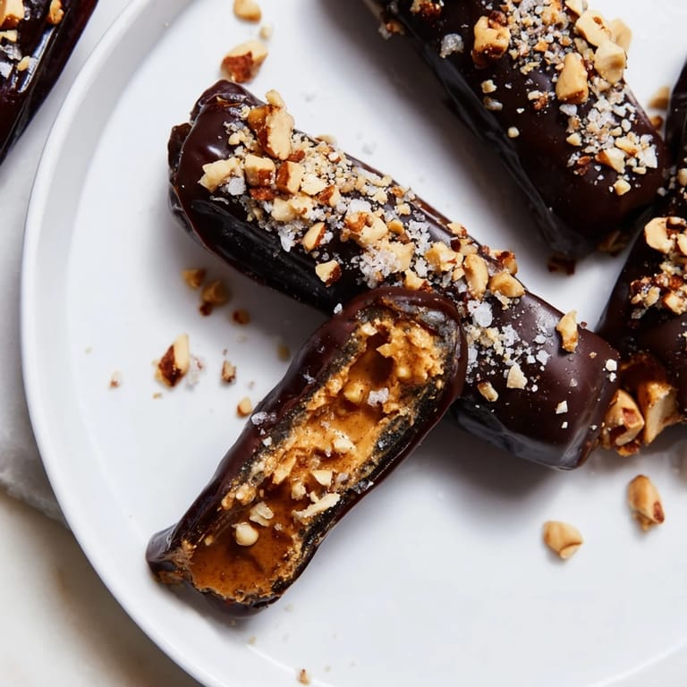 Homemade Chocolate Date Snickers, with visible peanut and date textures; enjoy this decadent dessert.