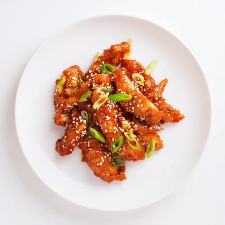 A close-up of delicious Sweet and Spicy Sriracha Honey Chicken, served hot and glazed in its sauce.